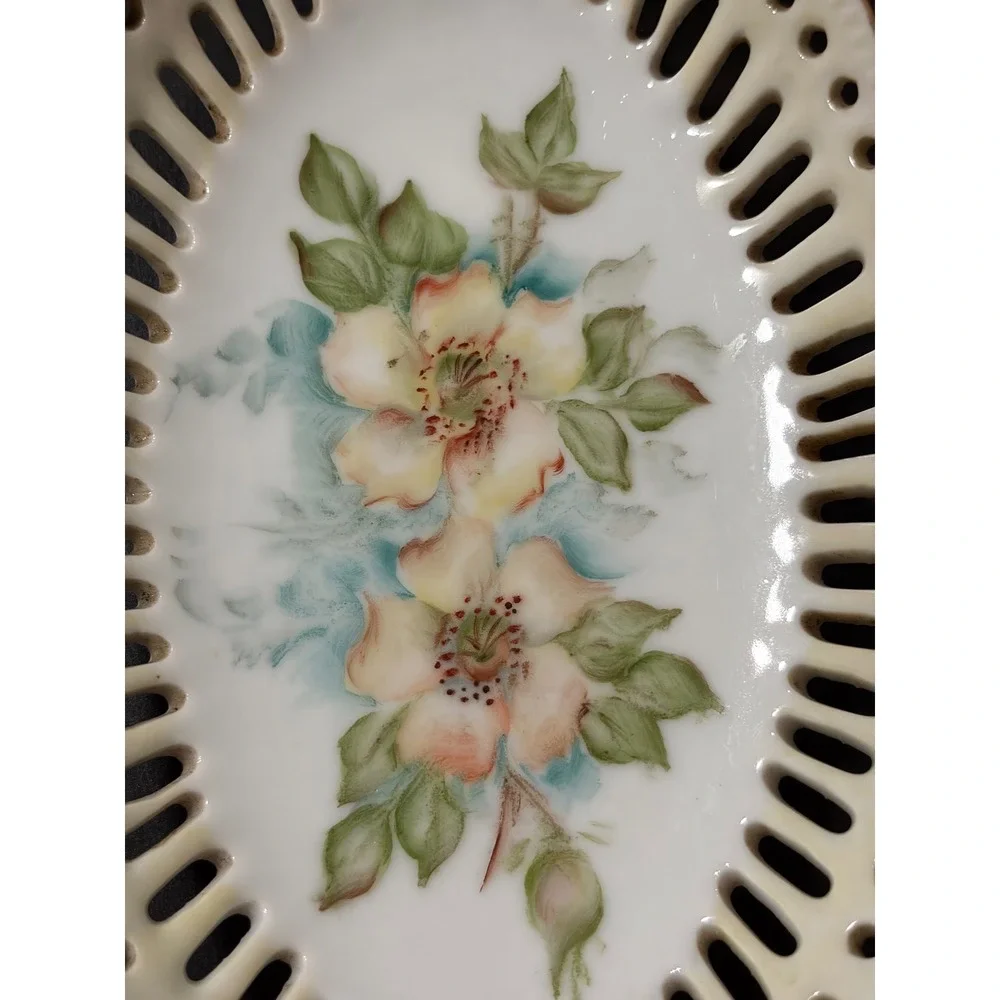 Vintage Lingrell Hand Painted Floral Reticulated Porcelain Trinket Dish Gold Rim
